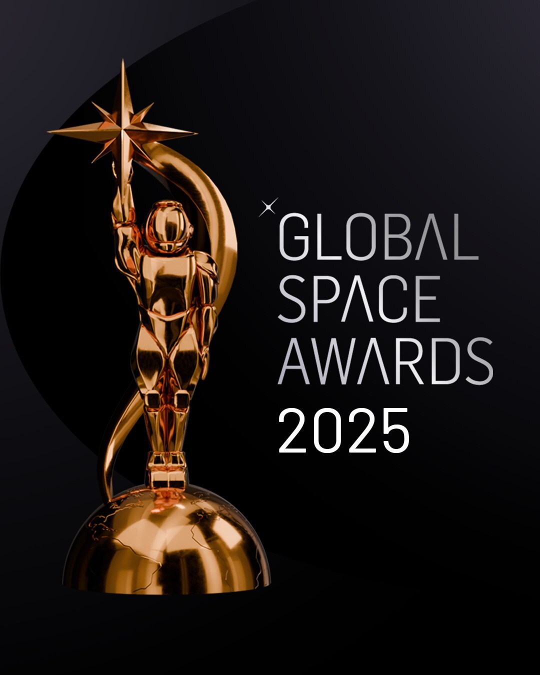 A photo of a golden trophy next to the text &quot;Global Space Awards 2025&quot; over a dark blue background