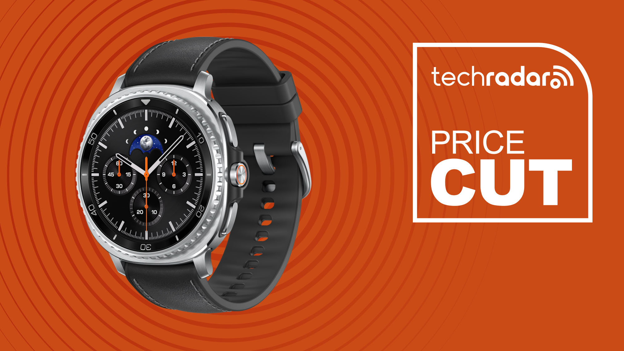 Samsung Galaxy Watch 8 Classic Smartwatch on orange background with TechRadar price cut sign
