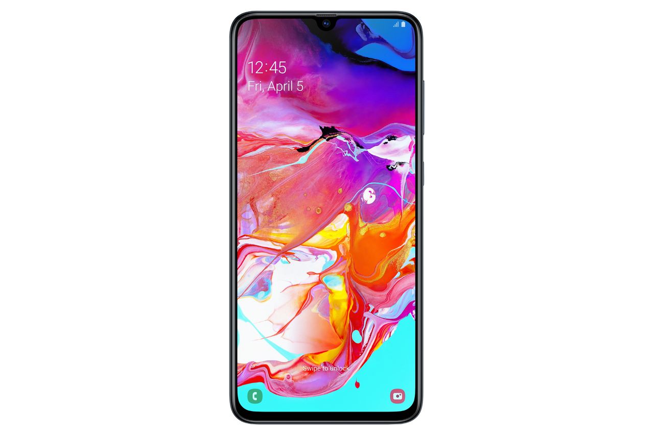 Galaxy A70 har et mer tradisjonelt design. (Bilde: Samsung)