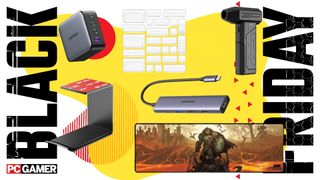 An assortment of accesories on a yellow Black Friday background