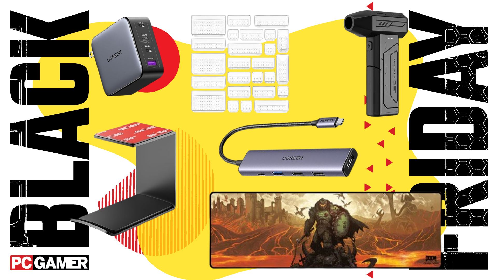 An assortment of accesories on a yellow Black Friday background