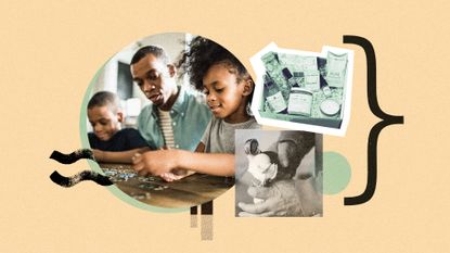Photo collage of a subscription gift box, a family doing a jigsaw puzzle, and a hand scooping up ice cream
