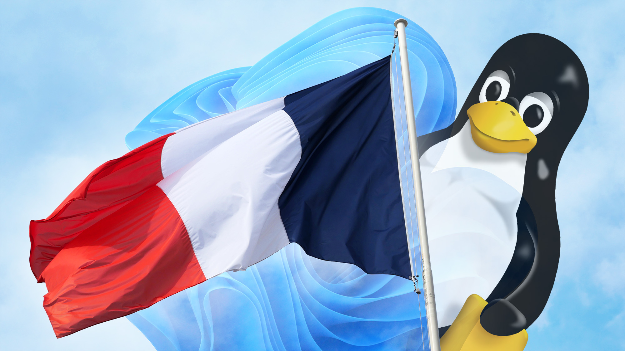 France national flag with Linux "Tux" mascot and Windows 11 wallpaper