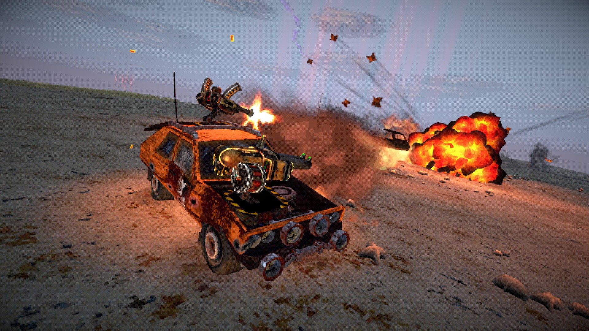 A car detonates an enemy vehicle with a pair of turrets in Fumes.