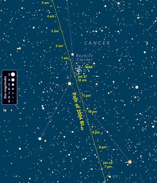 Asteroid BL86 will be brightest when it flies by the Beehive Cluster seen in this star map. The line through the image shows the path of the giant space rock.