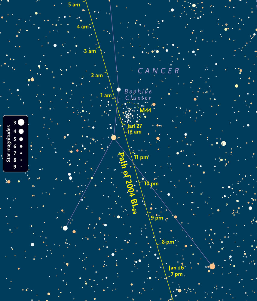 Asteroid BL86 will be brightest when it flies by the Beehive Cluster seen in this star map. The line through the image shows the path of the giant space rock.