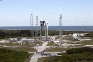 An Atlas V rocket carrying an Orbital ATK Cygnus spacecraft stands poised to launch a cargo mission to the International Space Station for NASA from Florida's Cape Canaveral Air Force Station on March 22, 2016. The nighttime launch may be visible to obser
