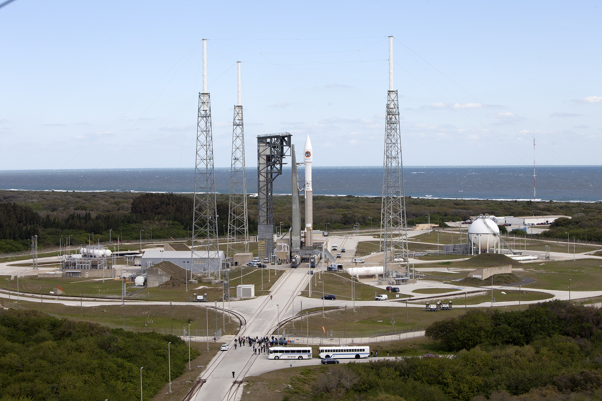 An Atlas V rocket carrying an Orbital ATK Cygnus spacecraft stands poised to launch a cargo mission to the International Space Station for NASA from Florida&#039;s Cape Canaveral Air Force Station on March 22, 2016. The nighttime launch may be visible to obser