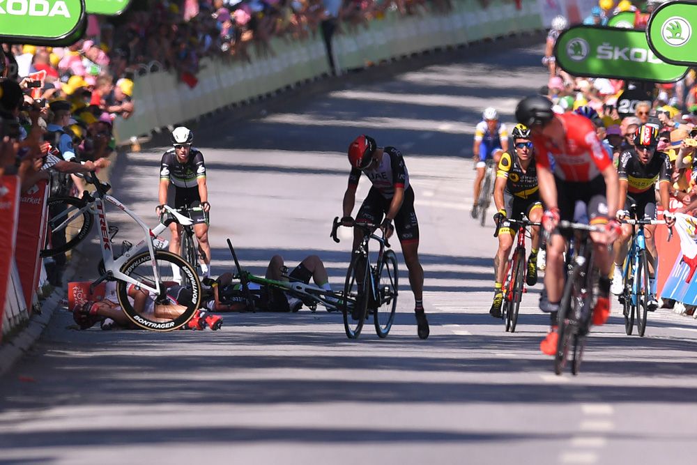 Cavendish lay in the road after the crash