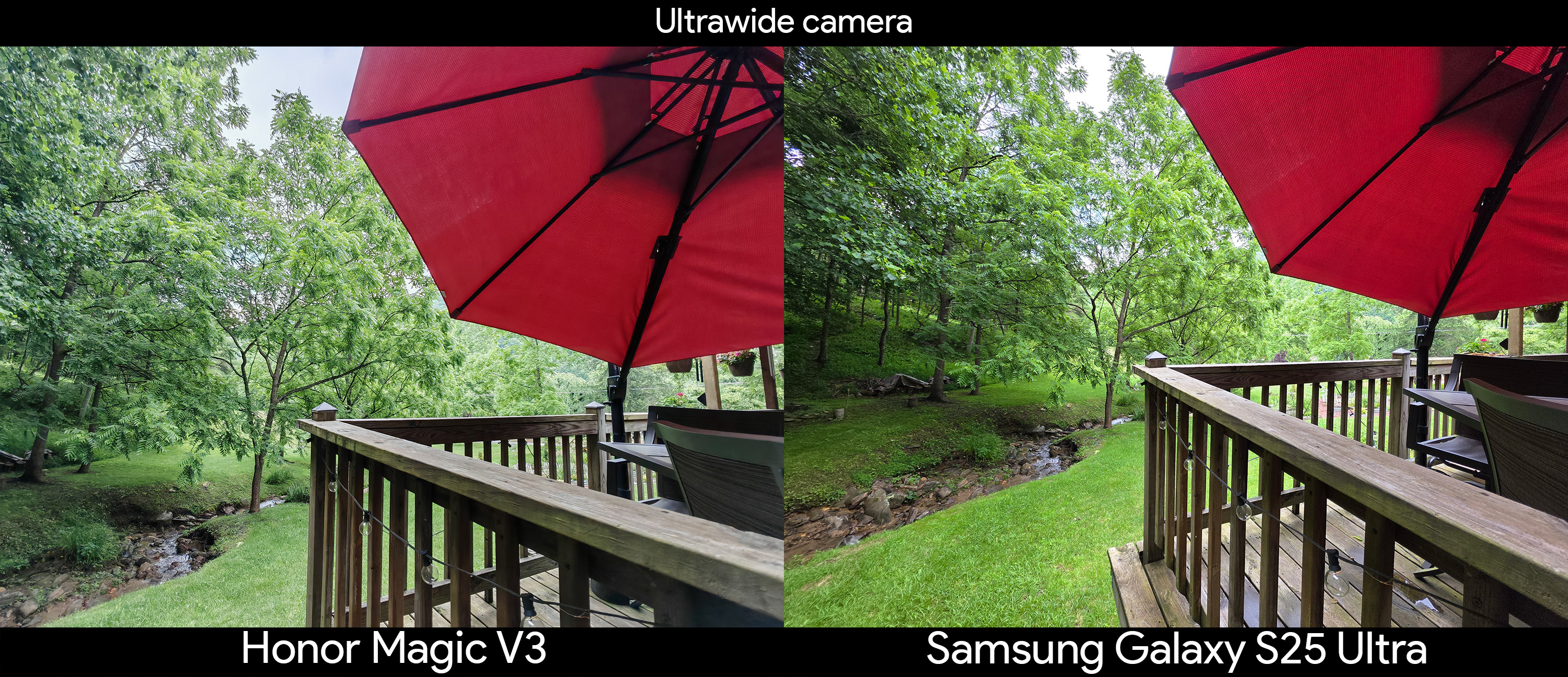 Comparing the ultrawide camera between the honor Magic V3 and Samsung Galaxy S25 Ultra under an umbrella