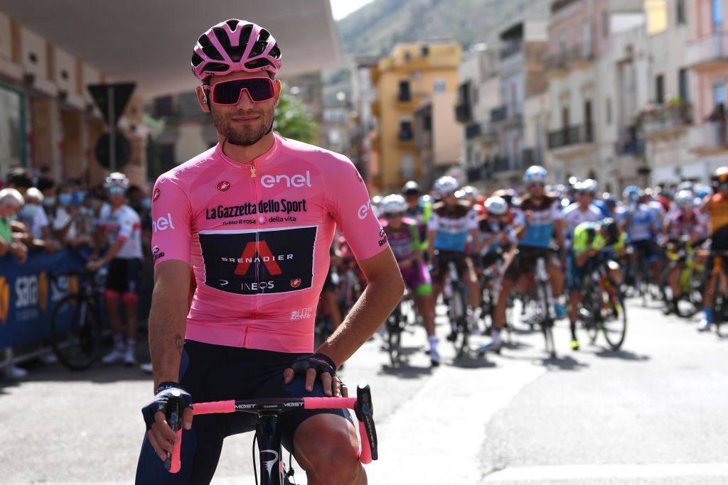 AGRIGENTO ITALY OCTOBER 04 Start Filippo Ganna of Italy and Team INEOS Grenadiers Pink Leader Jersey Santuario Maria SS DellAlto Alcamo Village during the 103rd Giro dItalia 2020 Stage 2 a 149km stage from Alcamo to Agrigento 243m girodiitalia Giro on October 04 2020 in Agrigento Italy Photo by Tim de WaeleGetty Images