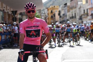 AGRIGENTO ITALY OCTOBER 04 Start Filippo Ganna of Italy and Team INEOS Grenadiers Pink Leader Jersey Santuario Maria SS DellAlto Alcamo Village during the 103rd Giro dItalia 2020 Stage 2 a 149km stage from Alcamo to Agrigento 243m girodiitalia Giro on October 04 2020 in Agrigento Italy Photo by Tim de WaeleGetty Images