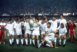 AC Milan players celebrate after beating Steaua Bucharest in the European Cup final in May 1989.