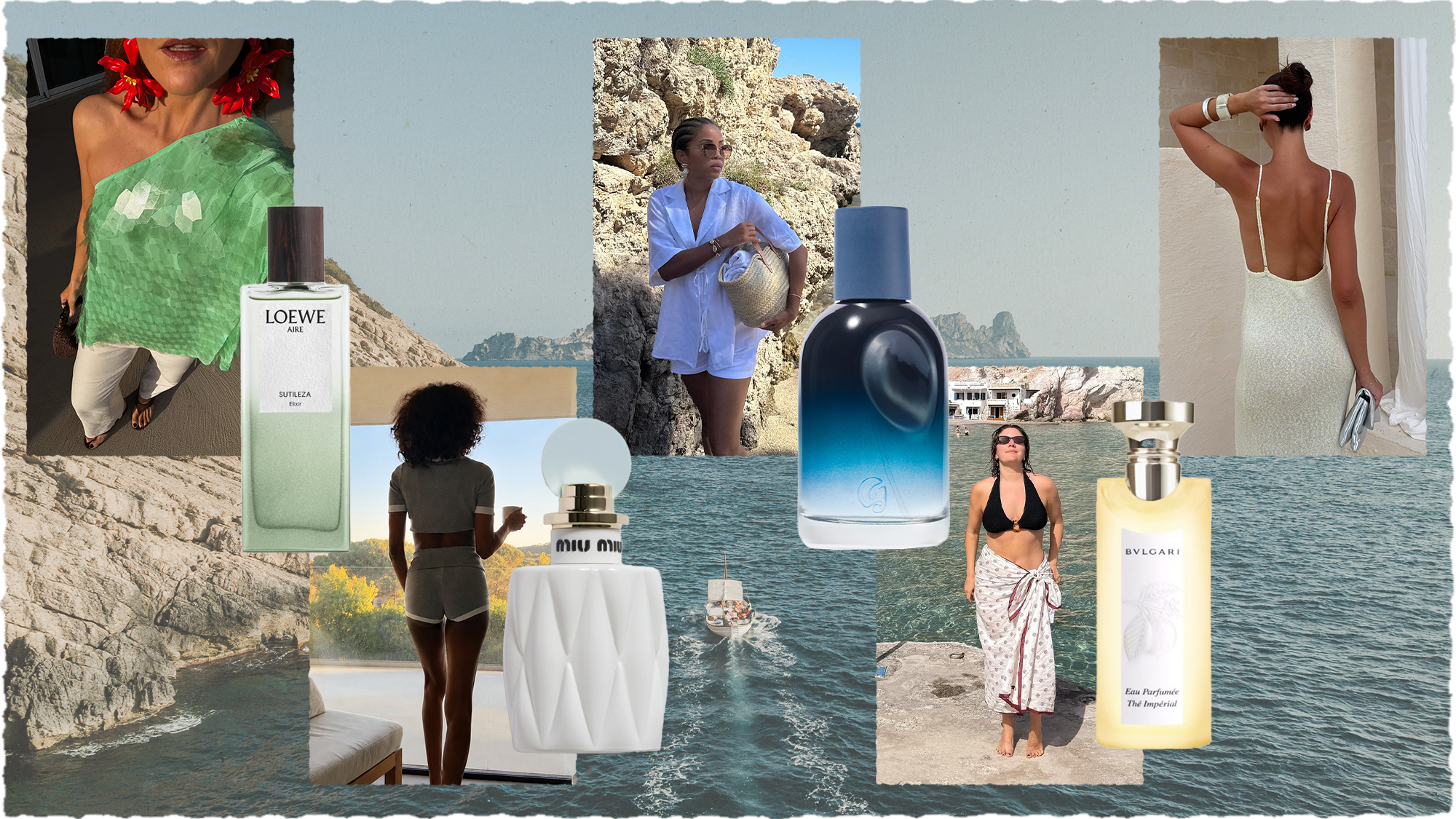 A collage with a background of a boat out to sea, stylish creators on holiday and perfumes from Loewe, Miu Miu, Glossier and Bvlgari