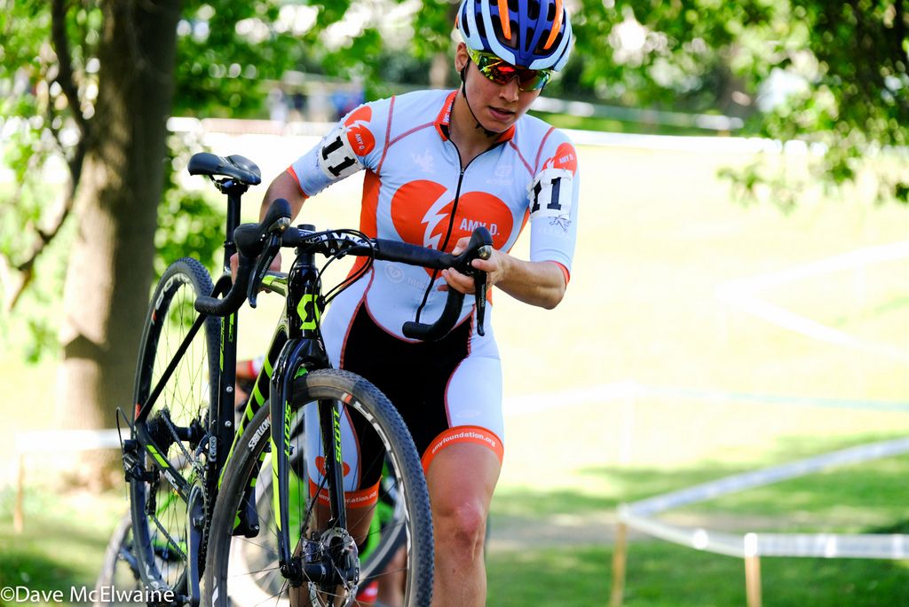 Rebecca Fahringer (Amy D Foundation) running the Belgian Stairs with two laps remaining.