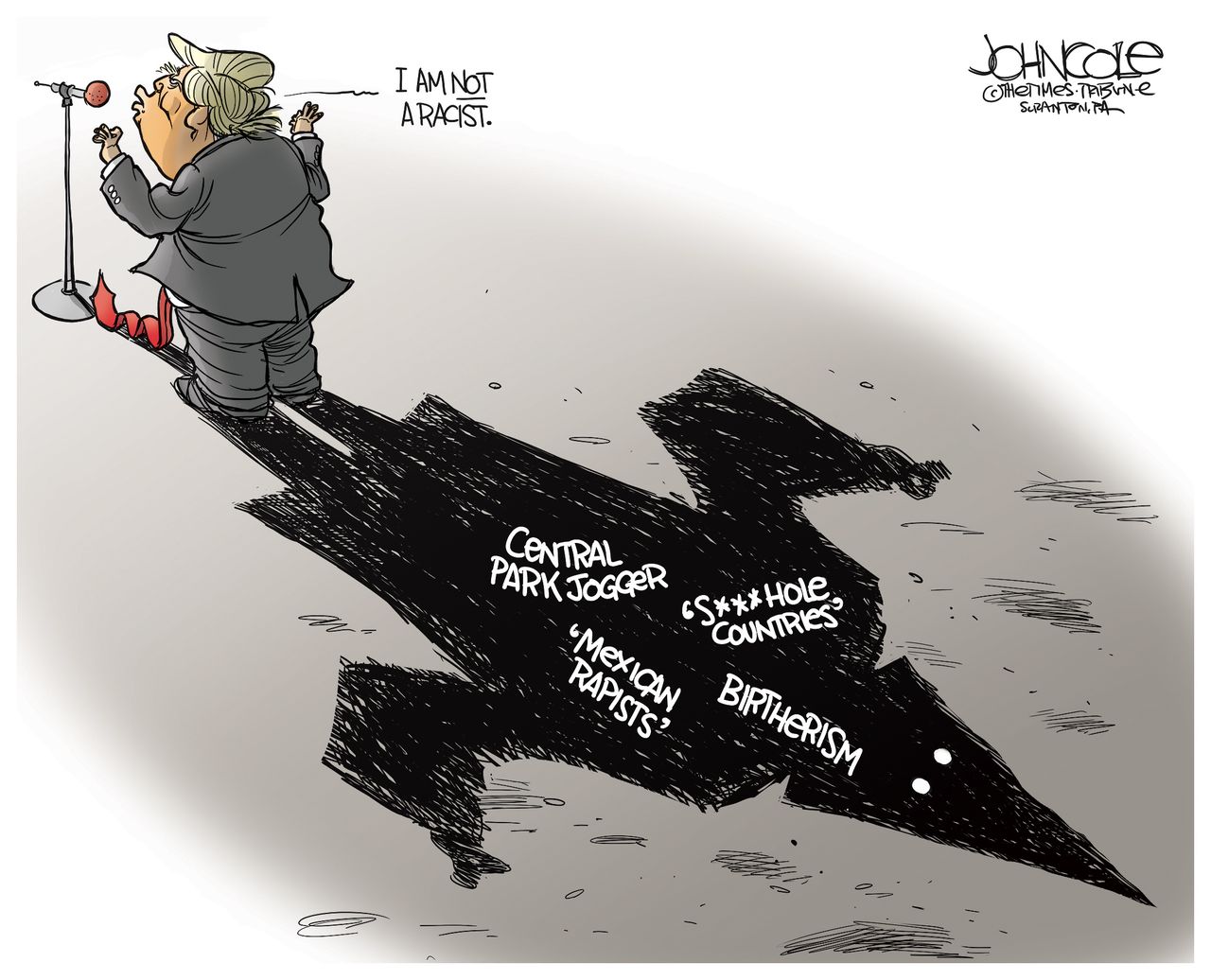 Political cartoon U.S. Trump racist comments birtherism KKK