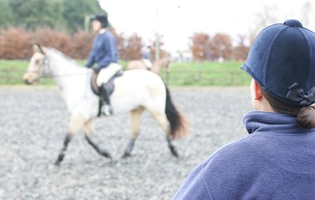 ridingschool, riding lessons , jumping lesson, horse riding lesson in safe arena, instructor looking on as rider moves around arena, riders wearing body protectors