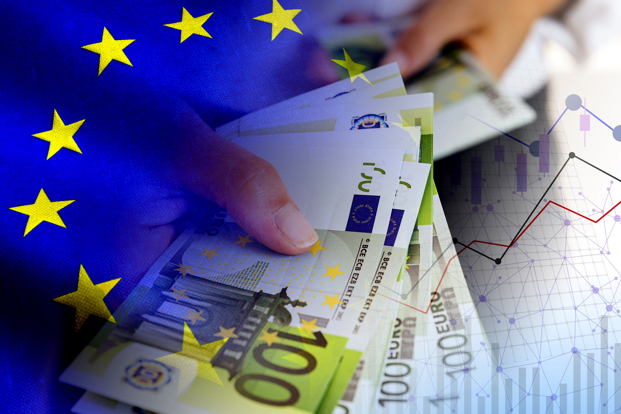 Flag of Europe, hands with 100 euro cash bills and economic indicators