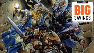 Armed adventurers storm through a dungeon in Pathfinder artwork