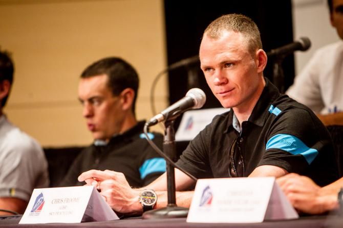 Chris Froome (SKY) listens to questions about his expectations for the week.