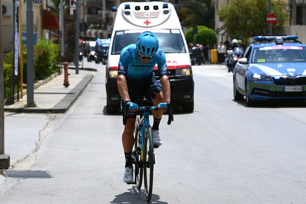 ETNA PIAZZALE RIFUGIO SAPIENZA ITALY MAY 10 Miguel ngel Lpez Moreno of Colombia and Team Astana Qazaqstan dropped from the peloton prior to to abandon the race during the 105th Giro dItalia 2022 Stage 4 a 172km stage from Avola to Etna Piazzale Rifugio Sapienza 1899m Giro WorldTour on May 10 2022 in Etna Piazzale Rifugio Sapienza Italy Photo by Tim de WaeleGetty Images