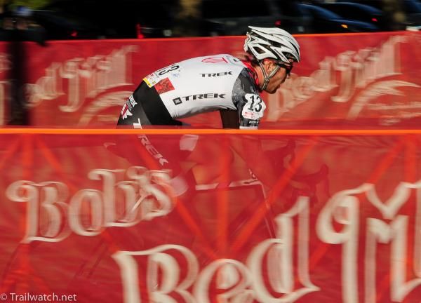 Lukas Fl&uuml;ckiger (Trek World Team) heading out on his last lap with about a 100 meter lead