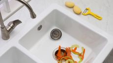 It's time to learn how to clean a garbage disposal if yours looks like this. Image of sparkling white basin sink with a silver tap and fresh vegetable peels 