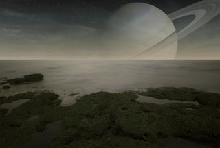 The view from Titan of Saturn is pretty spectacular - though this is an artist's impression rather than a photo.