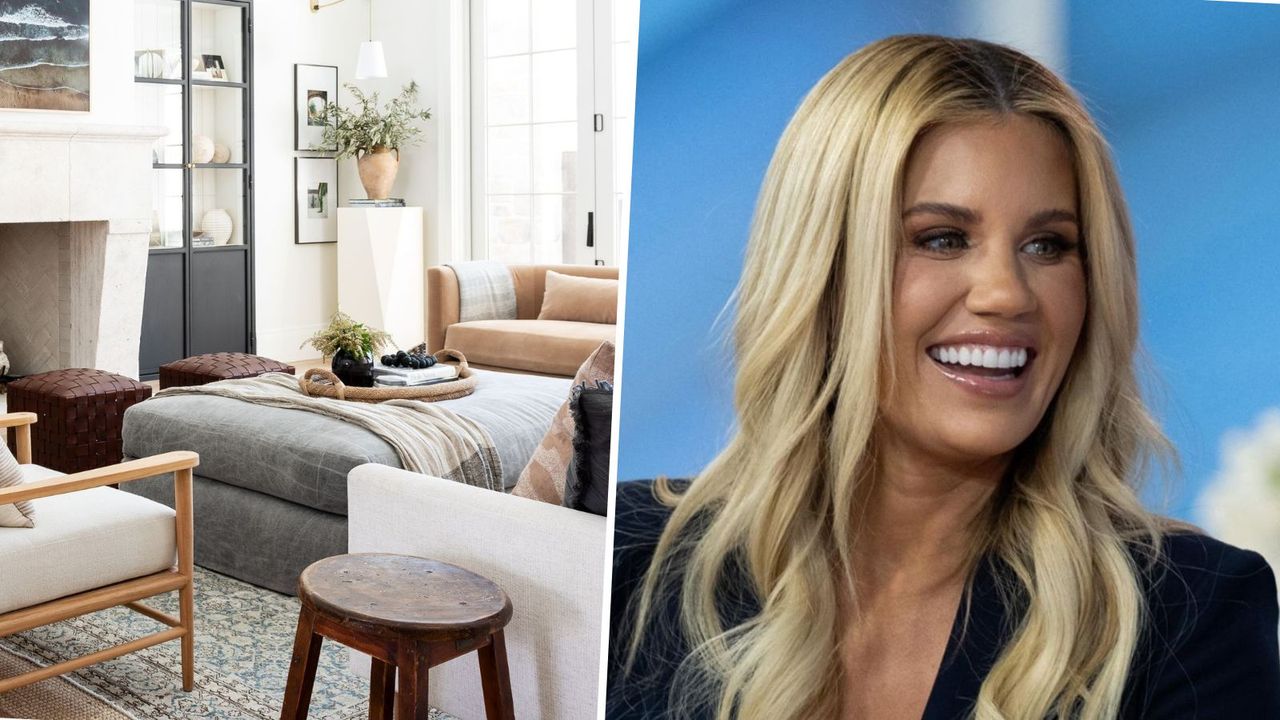 A side by side of a living room with an ottoman and Shea McGee&#039;s headshot