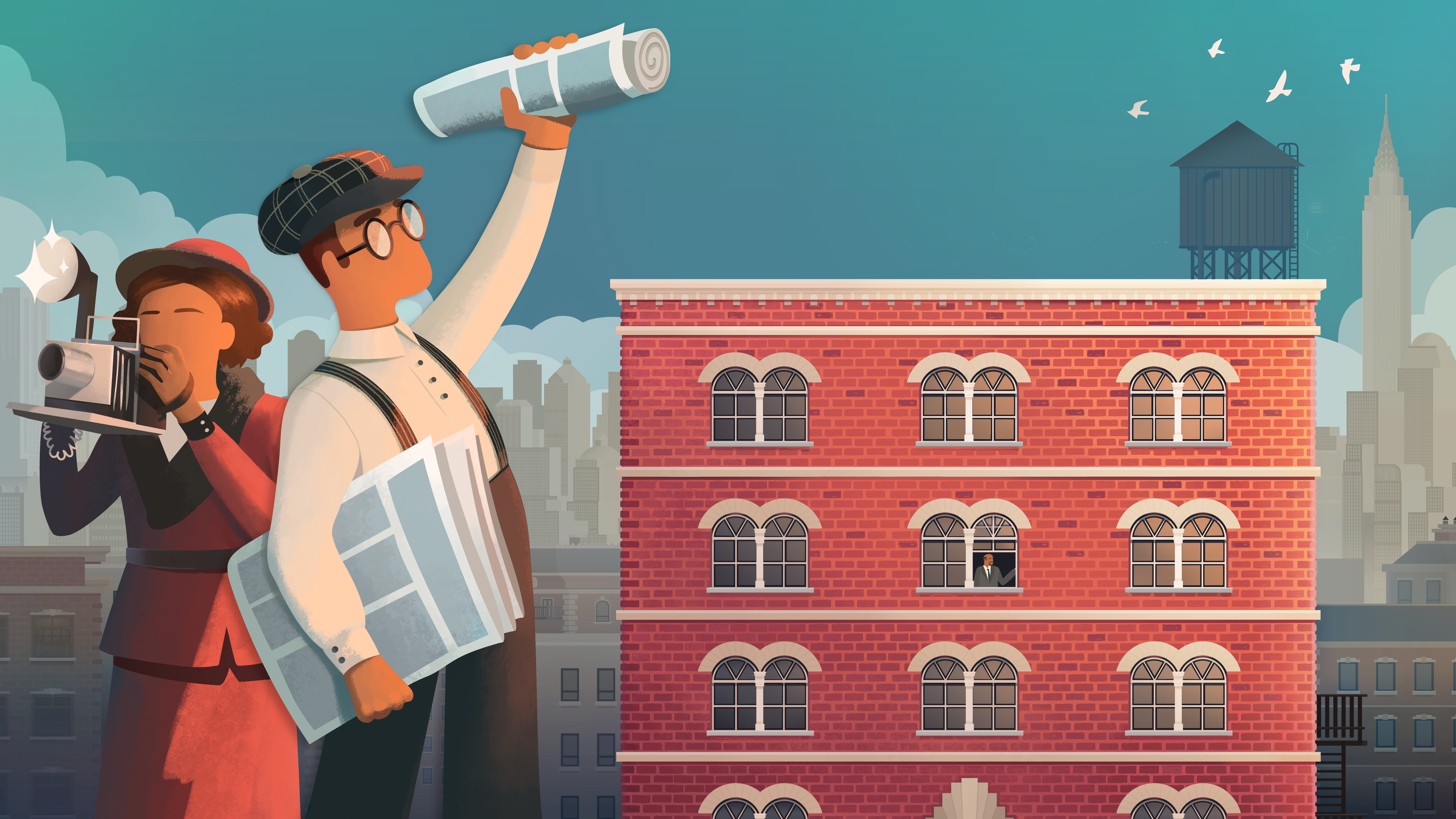 News Tower key art with a paperboy and a photographer