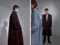 Models wear maroon and blue tailored coats by Ferragamo