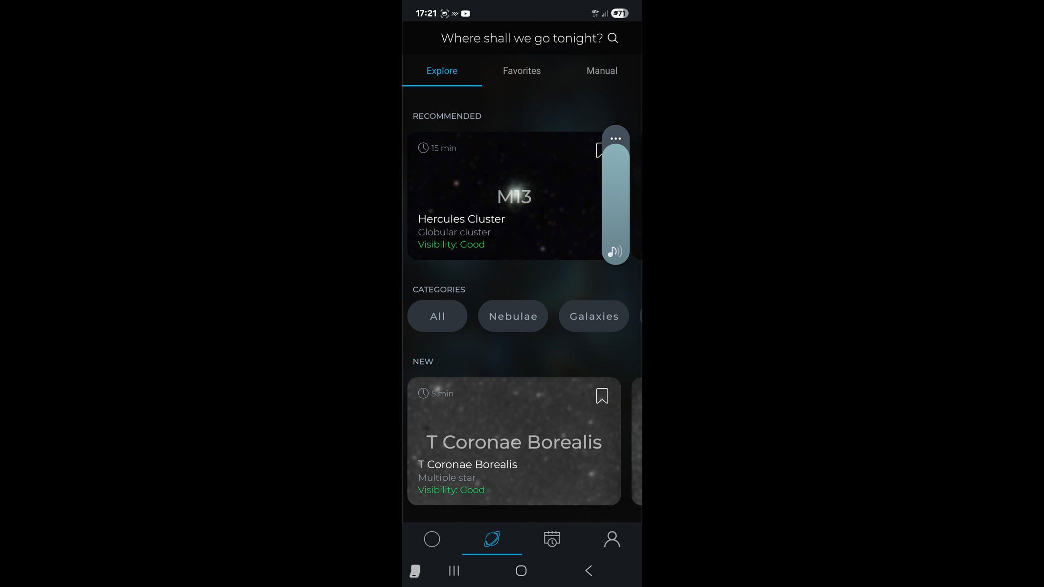 A screenshot of the Vaonis Singularity app showing observable celestial objects.