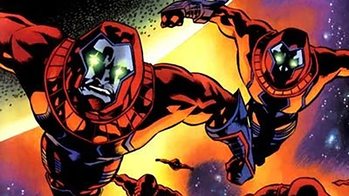 A screenshot of two Manhunters flying through space in a DC comic book