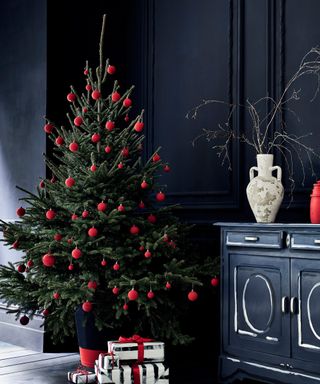 A navy blue and red Christmas decorating scheme