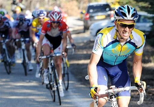 Alberto Contador (Astana) flies the coop with 5km to go.