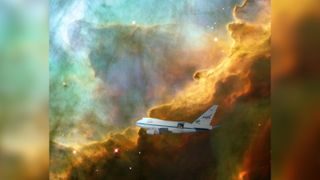 A team led by University of Maryland astronomers created the first clear image of an expanding bubble of stellar gas where stars are born using data from NASA's SOFIA telescope on board a heavily modified 747 jet as seen here in this artist's rendering.