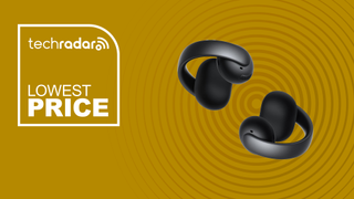 The Soundcore AeroClip buds on a yellow background