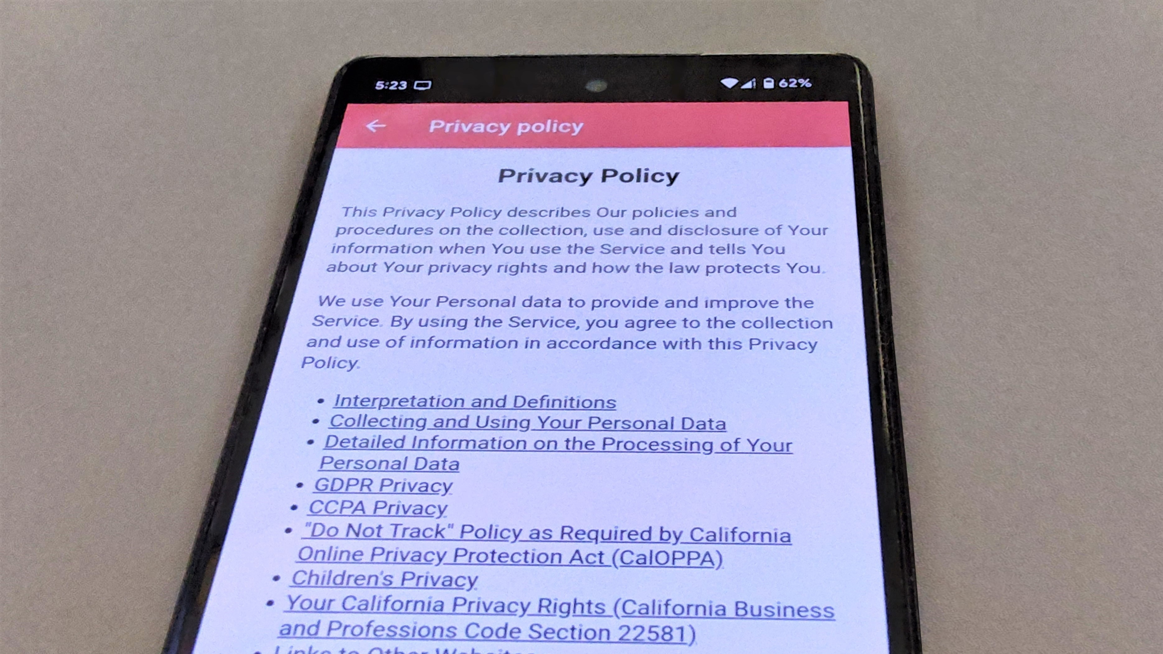 My Calendar period tracking app privacy policy on an Android phone