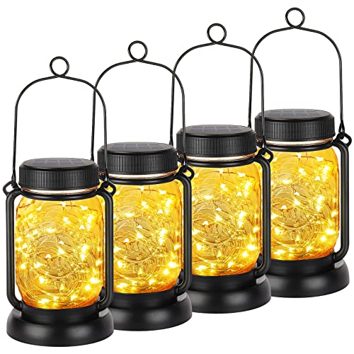 Mlambert 4 Pack Solar Hanging Lantern With Stakes, Outdoor Waterproof Solar Mason Jar Fairy String Lights Decorative Vintage Glass Lamp-Warm White