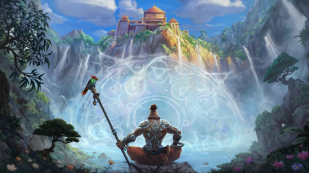 Art of a warrior monk sitting in front of a waterfall from the game Tibia