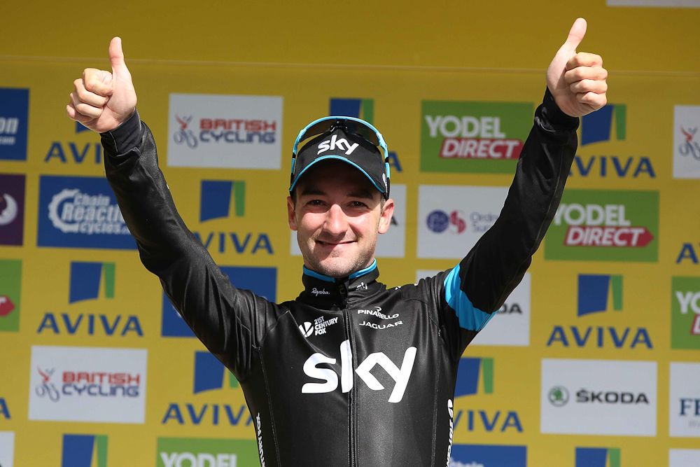 Elia Viviani on the stage 1 podium at the Tour of Britain.