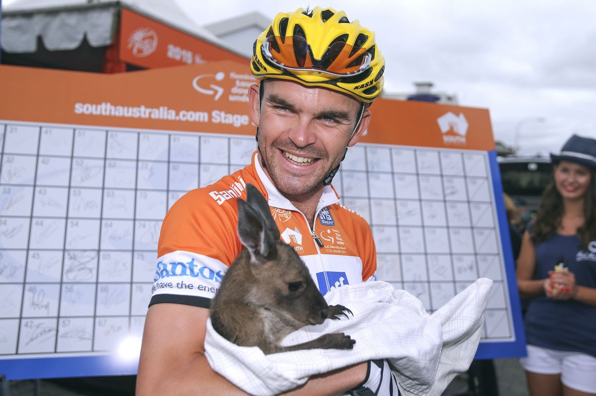 As the first race leader of the 2015 race, Jack Bobridge enjoys a cuddle with a joey