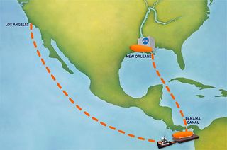 Map illustrating the basic path that External Tank 94 will be barged from the Michoud Assembly Facility outside New Orleans, through the Panama Canal to Marina del Rey in Los Angeles.