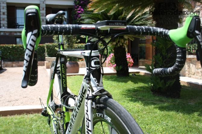 Lime green carried the length of the Cannondale bikes, from the SRAM Red levers to the FSA Vision Metron 55 wheels