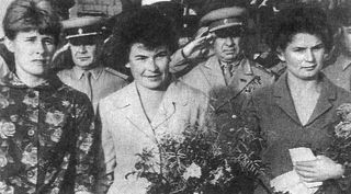 Valentina Tereshkova (right) became the first woman in space on June 16, 1963. Here, she stands with two other female cosmonauts--Valentina Ponomareva (left) and Irina Solovyeva (center)--before launching aboard the Vostok 6 space capsule.