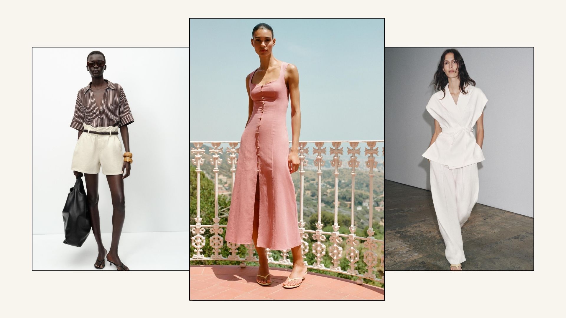 Woman wears striped shirt and shorts; woman wears pink linen blend dress; woman wears white top and white trousers