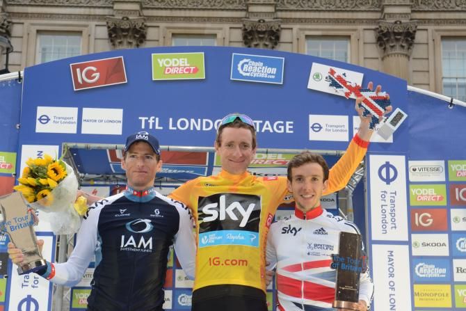 Top three from left to right: Martin Elmiger (2nd), Bradley Wiggins (1st) and Simon Yates (3rd)