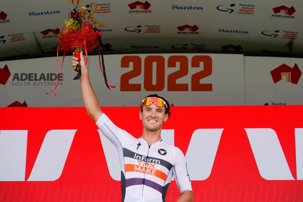 WOODSIDE AUSTRALIA JANUARY 28 Blake Quick of Australia and Team Inform Tmx Make celebrates winning the stage on the podium ceremony after the 2nd Santos Festival Of Cycling 2022 Mens Elite Stage 2 a 1129km stage from Mount Lofty to Onkaparinga Valley Road Woodside TourDownUnder on January 28 2022 in Woodside Australia Photo by Daniel KaliszGetty Images
