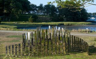 Installation view A New End, 2016, by Jeppe Hein at World’s End in Hingham, MA