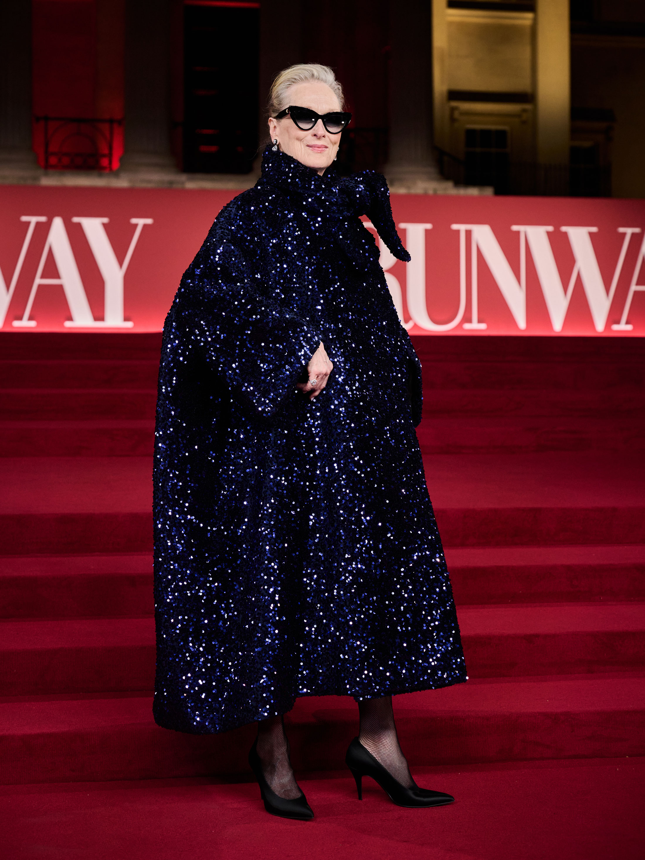 Meryl Streep wears a metallic cape
